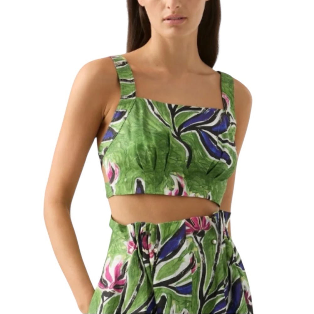 Aje Eden‎ Linen Top Size 0 US (AU 4)  Darted Tropical Print Tie Back Crop Tank
